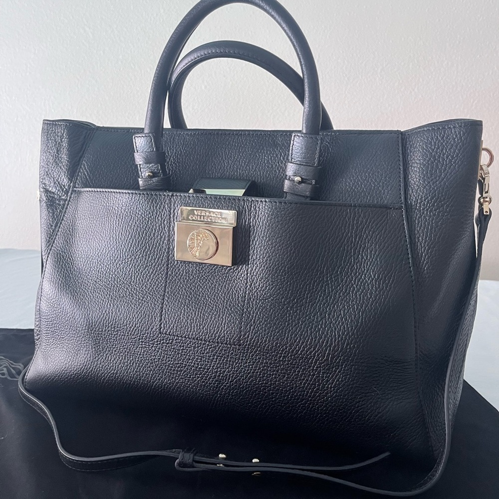 VERSACE Collection Authentic Black Leather Top Zip Gold Tone Hardware Tote Bag